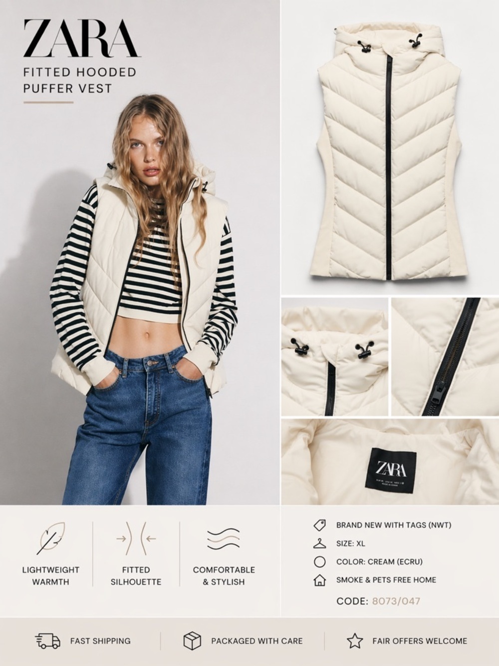 ZARA Ecru Fitted Hooded Puffer Vest NWT Size XL Cream Quilted Zip Up Vest